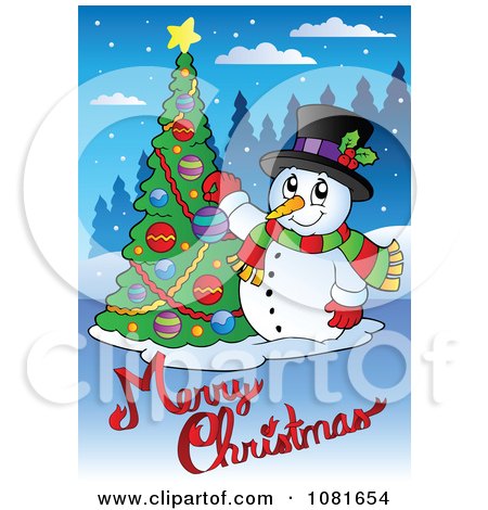 Clipart Merry Christmas Text With A Snowman Decorating A Tree - Royalty Free Vector Illustration by visekart