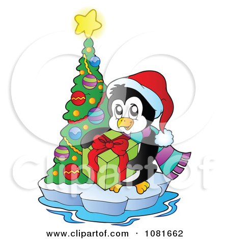 Clipart Christmas Penguin With A Gift And Tree On Ice - Royalty Free Vector Illustration by visekart
