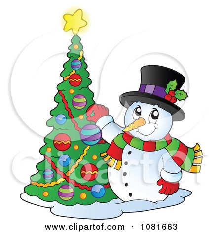 Clipart Christmas Snowman Decorating A Tree - Royalty Free Vector Illustration by visekart