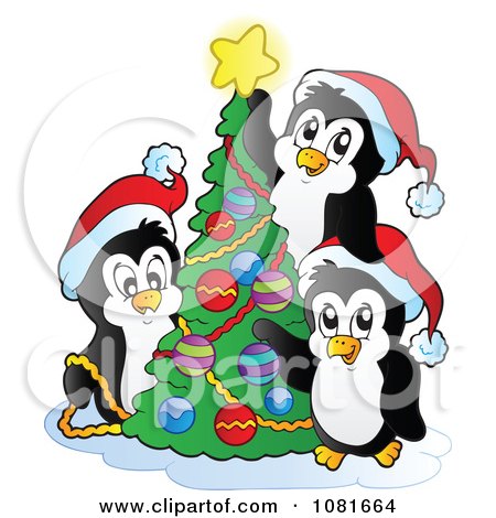 Clipart Christmas Penguins Decorating A Tree - Royalty Free Vector Illustration by visekart