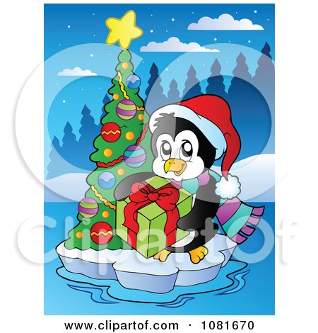 Clipart Penguin With A Gift And Christmas Tree On Ice - Royalty Free Vector Illustration by visekart