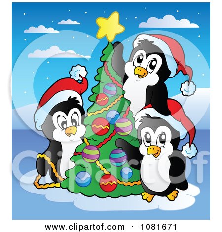 Clipart Penguins Decorating A Christmas Tree - Royalty Free Vector Illustration by visekart