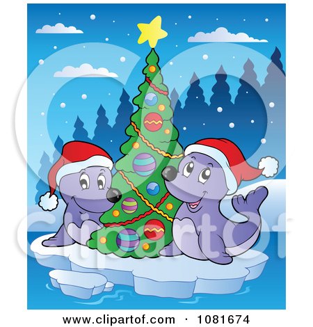Clipart Christmas Seals By A Tree - Royalty Free Vector Illustration by visekart