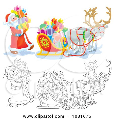 Clipart Colored And Outlined Santas Loading Gifts Into A Sleigh - Royalty Free Vector Illustration by Alex Bannykh