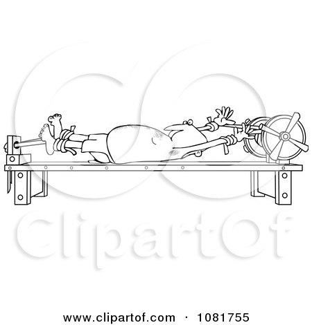 Clipart Outlined Man Stretched Out On A Rack - Royalty Free Vector Illustration by djart