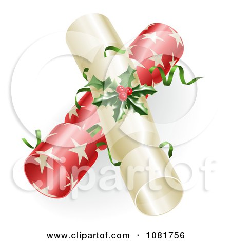 Clipart 3d Red And White Christmas Crackers With Holly - Royalty Free Vector Illustration by AtStockIllustration