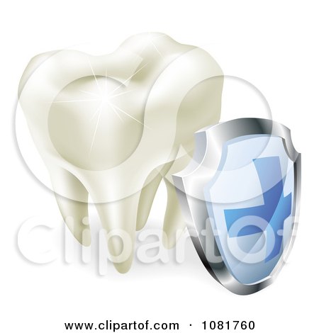 Clipart 3d Sparkling Tooth And Shield - Royalty Free Vector Illustration by AtStockIllustration