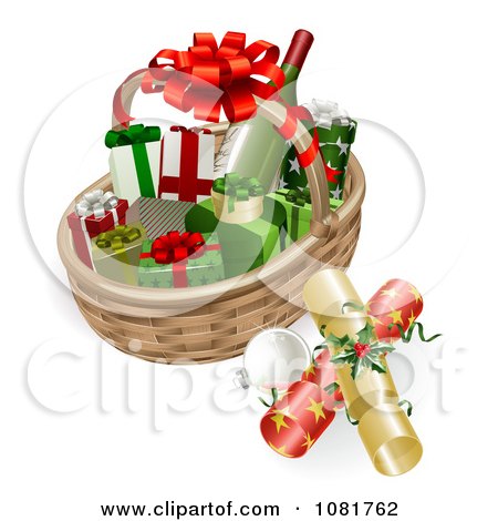 Clipart 3d Basket With Wine Crackers Baubles And Christmas Gifts - Royalty Free Vector Illustration by AtStockIllustration