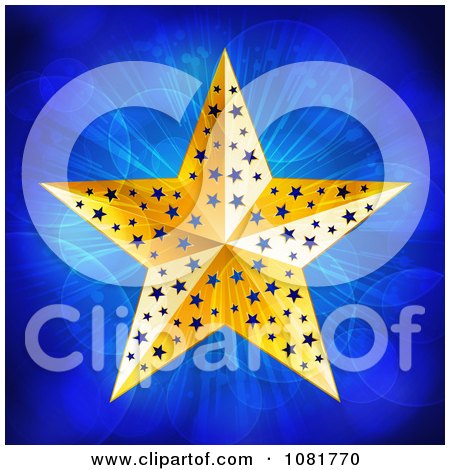 Clipart 3d Gold Christmas Star Over Blue Lights - Royalty Free Vector Illustration by elaineitalia
