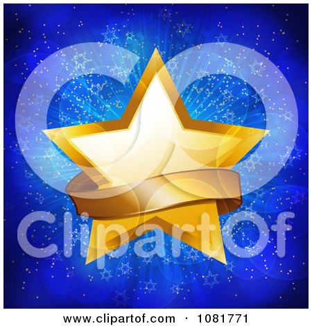 Clipart 3d Gold Christmas Star And Ribbon Banner Over Blue Lights - Royalty Free Vector Illustration by elaineitalia