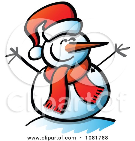 Clipart Happy Snowman With Open Twig Arms And A Santa Hat - Royalty Free Vector Illustration by Zooco