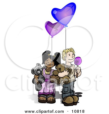 Boy Holding a Lolipop Sucker, Blue Balloon and a Teddy Bear Wile Standing by a Girl Holding a Purple Balloon and Teddy Bear Clipart Illustration by Leo Blanchette