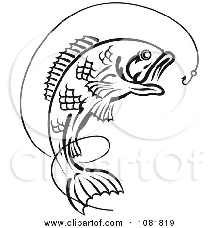 Clipart Black And White Leaping Fish And Hook With Line - Royalty Free Vector Illustration by Vector Tradition SM