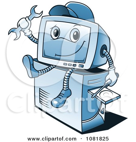 Clipart Blue Computer Repair Guy Sitting On A Tower - Royalty Free Vector Illustration by Vector Tradition SM