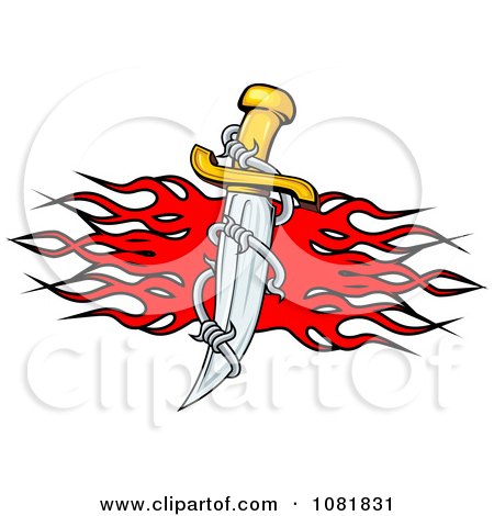 Clipart Dagger And Barbed Wire Over Red Flames - Royalty Free Vector Illustration by Vector Tradition SM