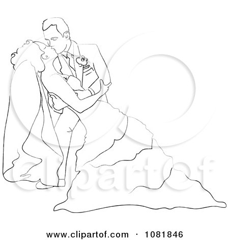 Clipart Romantic Sketched Groom Dipping And Kissing The Bride While Dancing - Royalty Free Illustration by Pams Clipart