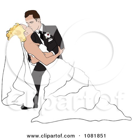 Clipart Romantic Brunette Groom Dipping And Kissing The Bride While Dancing - Royalty Free Illustration by Pams Clipart
