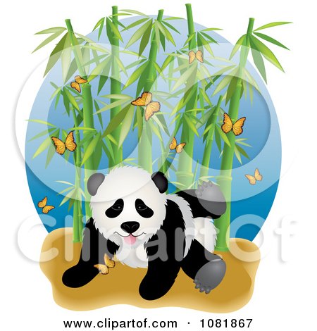 Clipart Cute Playful Panda With Butterflies And Bamboo - Royalty Free Vector Illustration by Pams Clipart