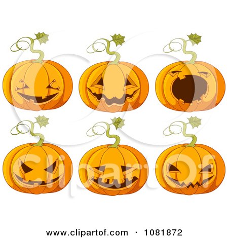 Clipart Six Halloween Pumpkins With Jackolantern Carvings - Royalty Free Vector Illustration by Pushkin