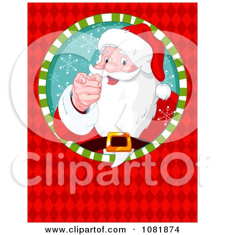 Clipart Santa Pointing Through A Circle On A Red Diamond Background - Royalty Free Vector Illustration by Pushkin