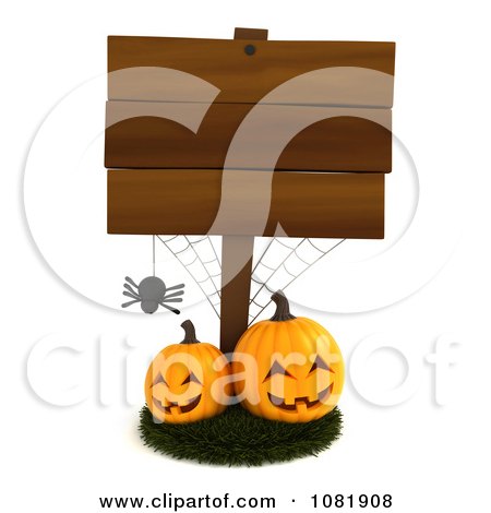 Clipart 3d Wooden Halloween Sign With A Spider And Jackolanterns - Royalty Free CGI Illustration by BNP Design Studio