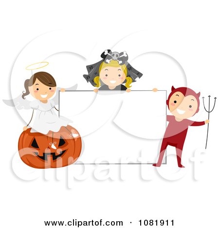 Clipart Group Of Halloween Kids With A Blank Sign - Royalty Free Vector Illustration by BNP Design Studio