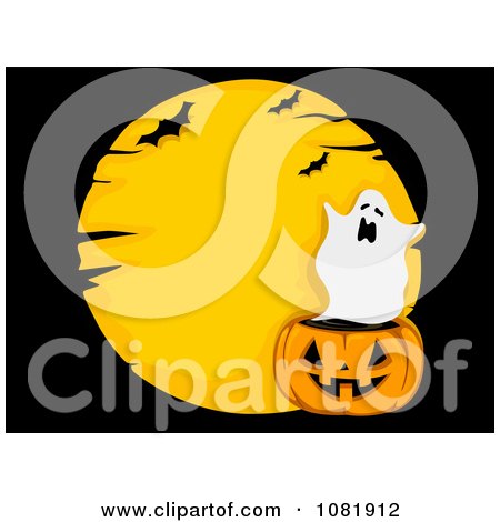 Clipart Ghost Jackolantern And Moon Over Black - Royalty Free Vector Illustration by BNP Design Studio