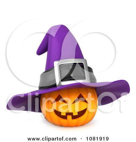 Clipart 3d Halloween Jackolantern With A Purple Witch Hat - Royalty Free CGI Illustration by BNP Design Studio