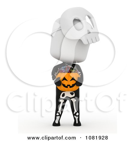 Clipart 3d Skeleton Ivory Man Holding A Halloween Candy Pumpkin Basket - Royalty Free CGI Illustration by BNP Design Studio