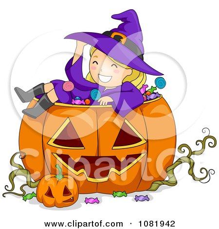 Clipart Halloween Witch Girl Sitting In A Jackolantern - Royalty Free Vector Illustration by BNP Design Studio