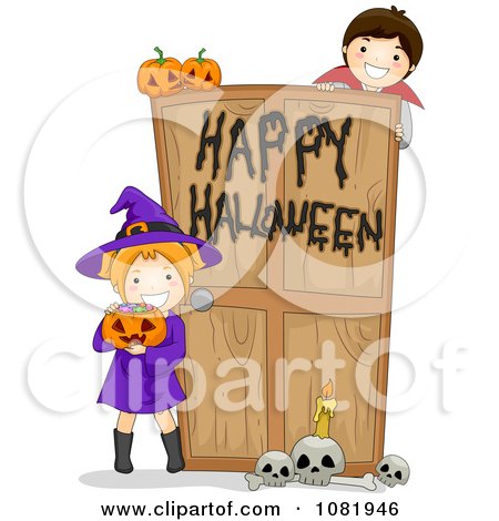 Clipart Witch And Vampire At A Happy Halloween Haunted House Door - Royalty Free Vector Illustration by BNP Design Studio