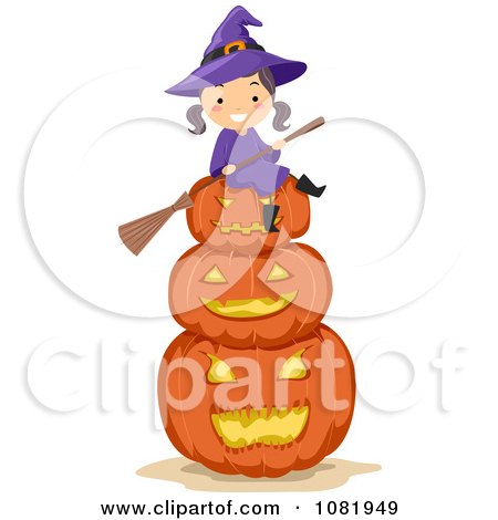 Clipart Halloween Witch Girl Sitting On Jackolanterns - Royalty Free Vector Illustration by BNP Design Studio