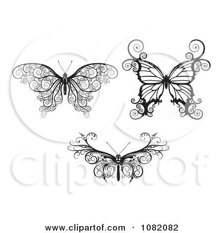 Clipart Three Butterflies In Ornate Black And White - Royalty Free Vector Illustration by AtStockIllustration