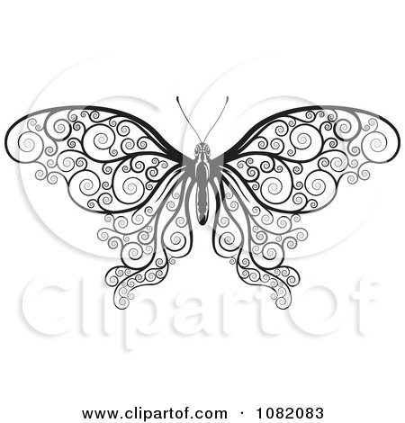 Clipart Black And White Decorative Swirl Butterfly - Royalty Free Vector Illustration by AtStockIllustration
