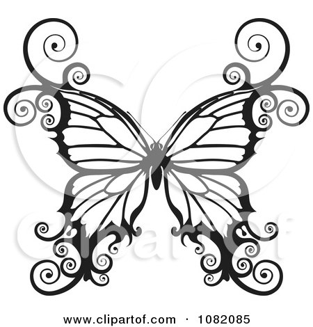 Clipart Black And White Swirly Butterfly - Royalty Free Vector Illustration by AtStockIllustration