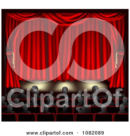 Clipart Audience Seated In Front Of A Stage With Red Curtains - Royalty Free CGI Illustration by AtStockIllustration