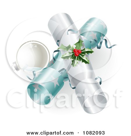 Clipart 3d Silver Bauble And Christmas Crackers With Holly - Royalty Free Vector Illustration by AtStockIllustration
