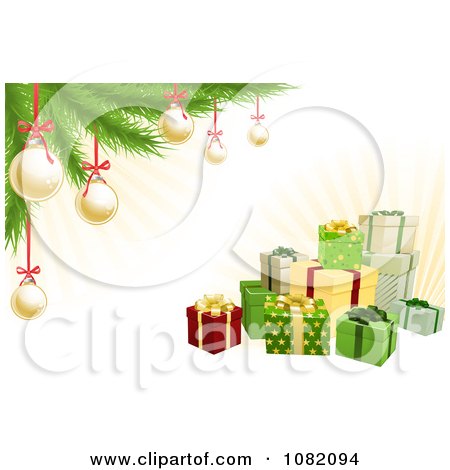 Clipart 3d Christmas Gifts With A Tree Gold Baubles And Rays - Royalty Free Vector Illustration by AtStockIllustration