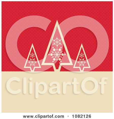 Clipart Three Tan Retro Christmas Trees Over Red Dots With Copyspace - Royalty Free Vector Illustration by KJ Pargeter