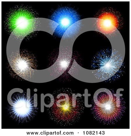 Clipart Vibrant Fireworks In A Black Sky - Royalty Free Vector Illustration by KJ Pargeter