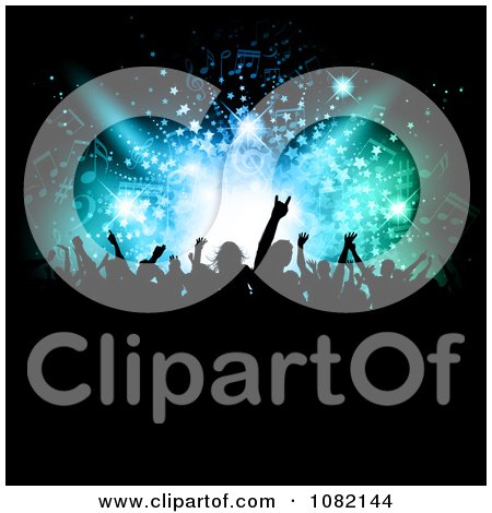 Clipart Silhouetted Crowd Partying Under Patterns In Lights - Royalty Free Vector Illustration by KJ Pargeter