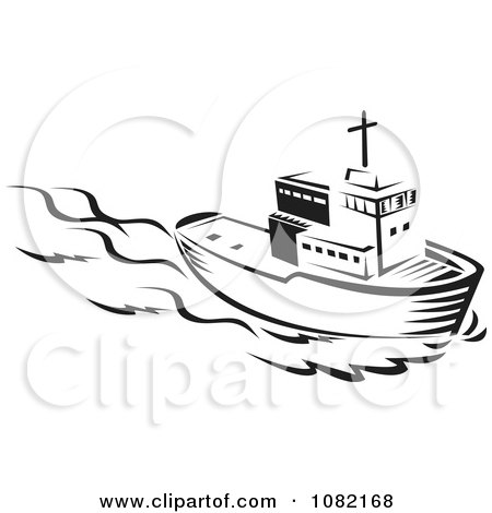 Clipart Retro Black And White Tug Boat - Royalty Free Vector Illustration by patrimonio