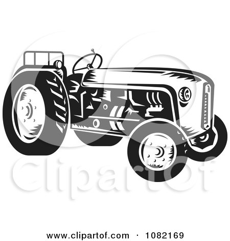 Clipart Retro Black And White Tractor - Royalty Free Vector Illustration by patrimonio