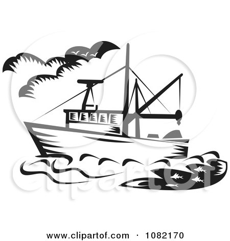 Clipart Retro Black And White Fishing Boat - Royalty Free Vector Illustration by patrimonio