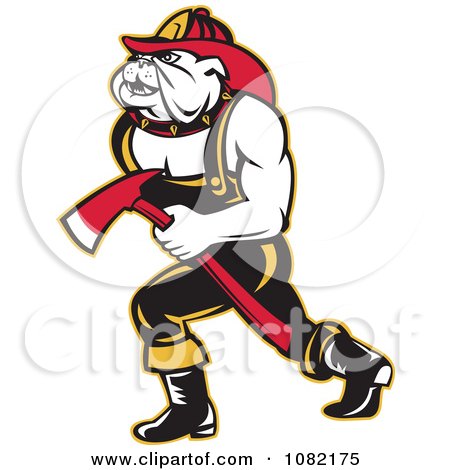 Clipart Retro Bulldog Fire Fighter Carrying An Axe - Royalty Free Vector Illustration by patrimonio