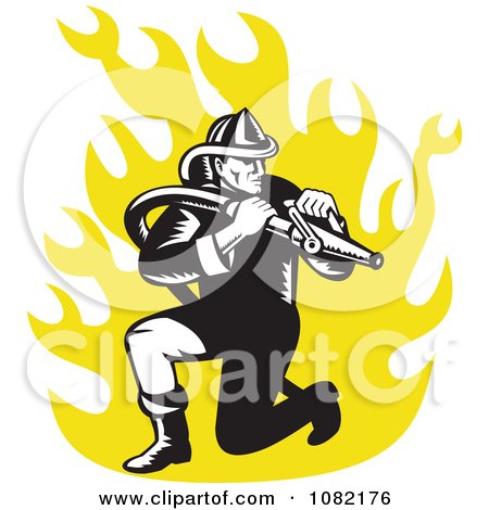 Clipart Retro Fireman With A Hose Over Yellow Flames - Royalty Free Vector Illustration by patrimonio