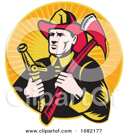 Clipart Retro Fireman With An Axe And Hose Over Orange Rays - Royalty Free Vector Illustration by patrimonio