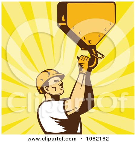Clipart Retro Construction Worker Grabbing A Hook Over Rays - Royalty Free Vector Illustration by patrimonio