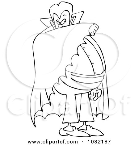 Clipart Outlined Vampire Covering His Face With His Cape - Royalty Free Vector Illustration by djart
