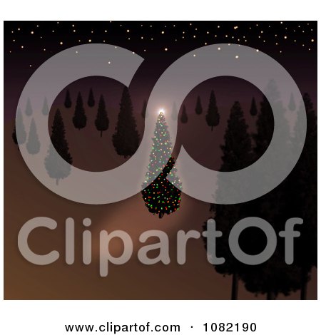 Clipart 3d Illuminated Christmas Tree In A Dark Frest With Stars - Royalty Free CGI Illustration by oboy